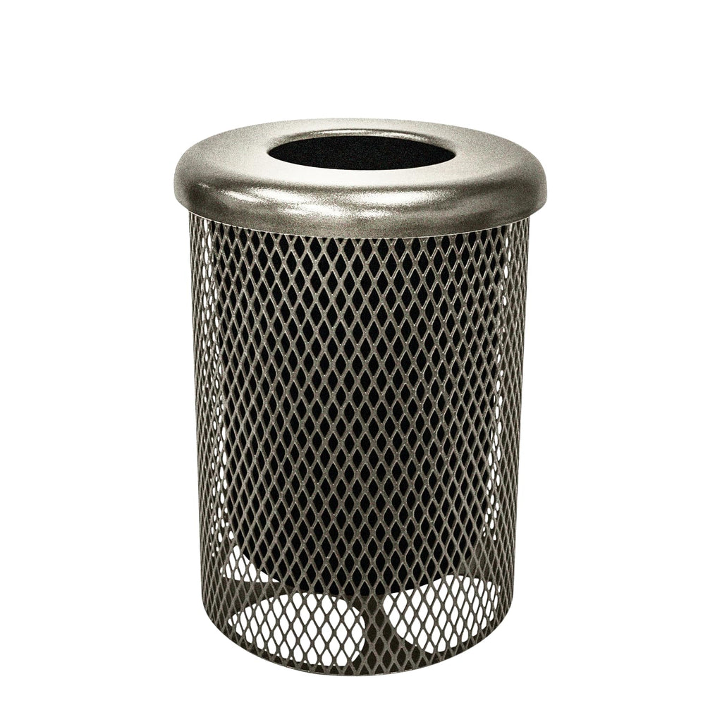 COATEDOUTDOORFURNITURE 32-Gallon Heavy-Duty Expanded Metal Round Trash Receptacle, Commercial Outdoor Waste Bin with Liner & Black Flat Top Lid – Made in America (Textured Gold Vein)