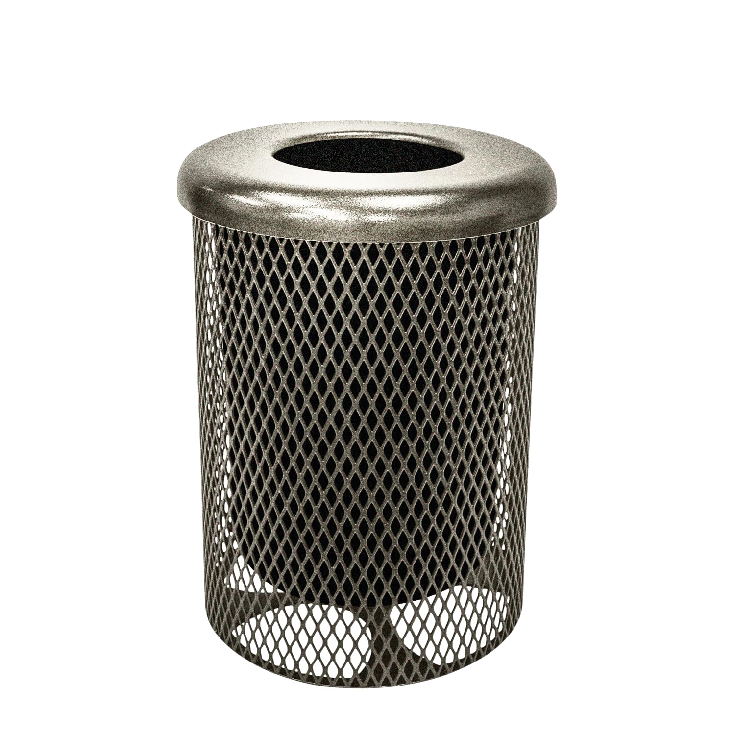 COATEDOUTDOORFURNITURE 32-Gallon Heavy-Duty Expanded Metal Round Trash Receptacle, Commercial Outdoor Waste Bin with Liner & Black Flat Top Lid – Made in America (Textured Gold Vein)