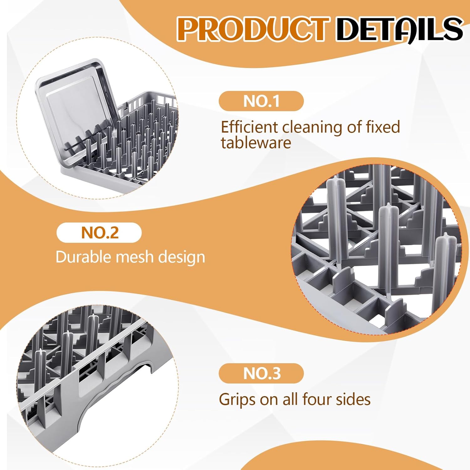 Commercial Dishwasher Tray Rack Polypropylene Full Size Flatware Rack for Bowls Plates Knives Forks Cups (19.7 x 19.7 x 3.97 Inch,Peg Dish Opening,Gray)