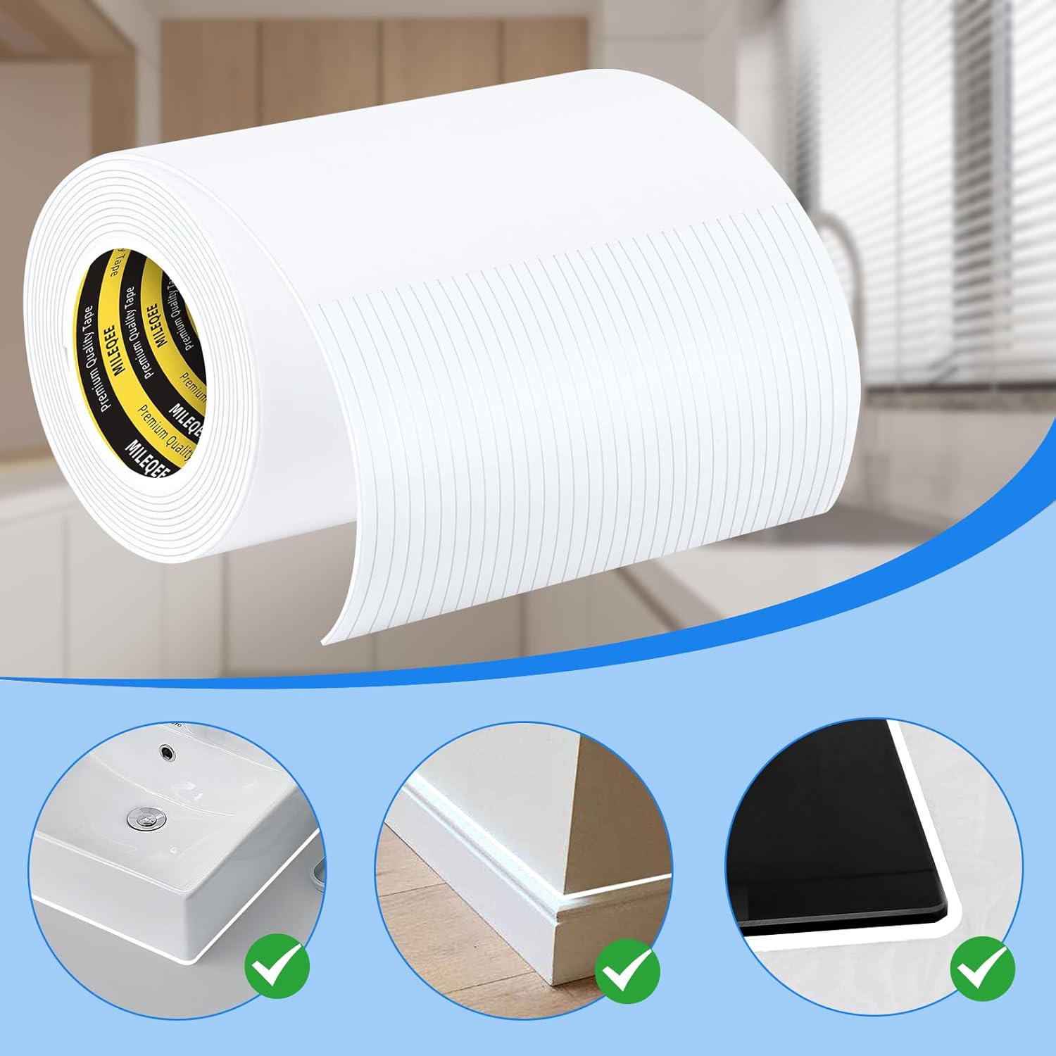 Caulk Sealing Strip for Tiles Bathtub Bathroom Toilet Kitchen,Wall,Corner, Gap Filling Self Adhesive Tape, 0.12in x 6.56FT x 33Strips(217FT Total) Seal Strips for Small Gaps
