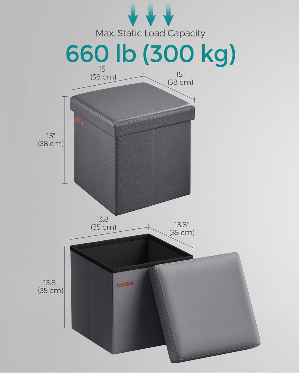 SONGMICS Mazie Collection - 15 Inches Ottoman with Storage, Footstool, Storage Ottoman, Load 660 lb, for Dorm, Living Room, Bedroom, Synthetic Leather, Dark Gray ULSF010G01