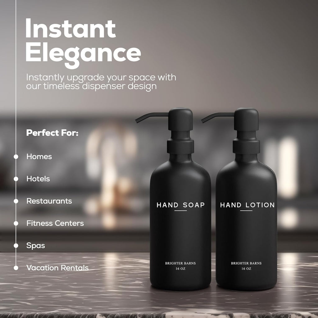 Black Glass Soap and Lotion Dispenser Set by Brighter Barns - Hand Soap Dispenser Bathroom Set - Bathroom Decor & Accessories for Restaurant, Gym, Office, Fitness Center, Hotel, Airbnb, Spa (Black)