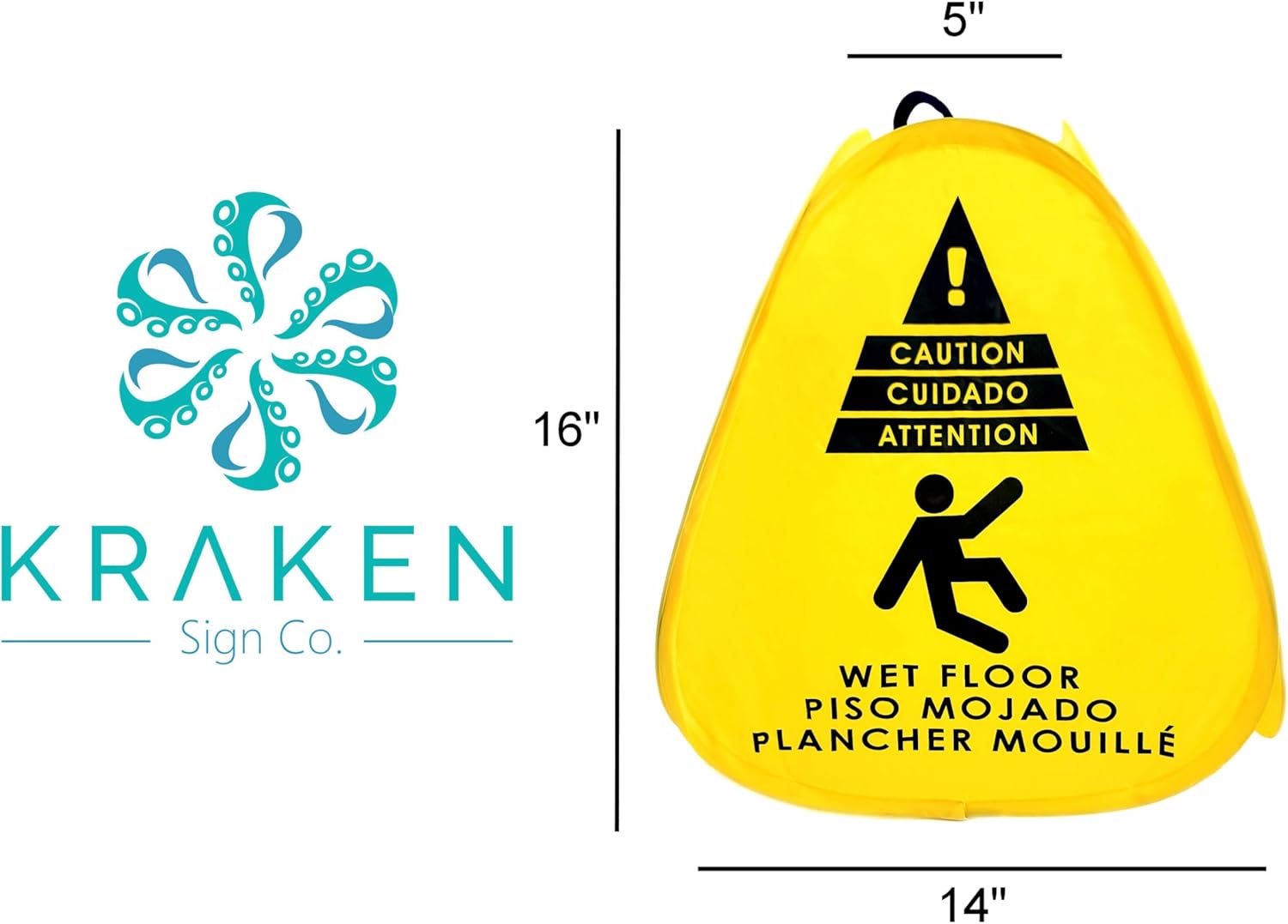 Kraken Sign Co - Pop-up Sign, Yellow 4-Sided Bilingual Trilingual English/Spanish/French Warning, Pop-up Caution Wet Floor Sign 16 inch for Restaurant, Commercial and Industrial Safety. Foldable, Portable, Durable