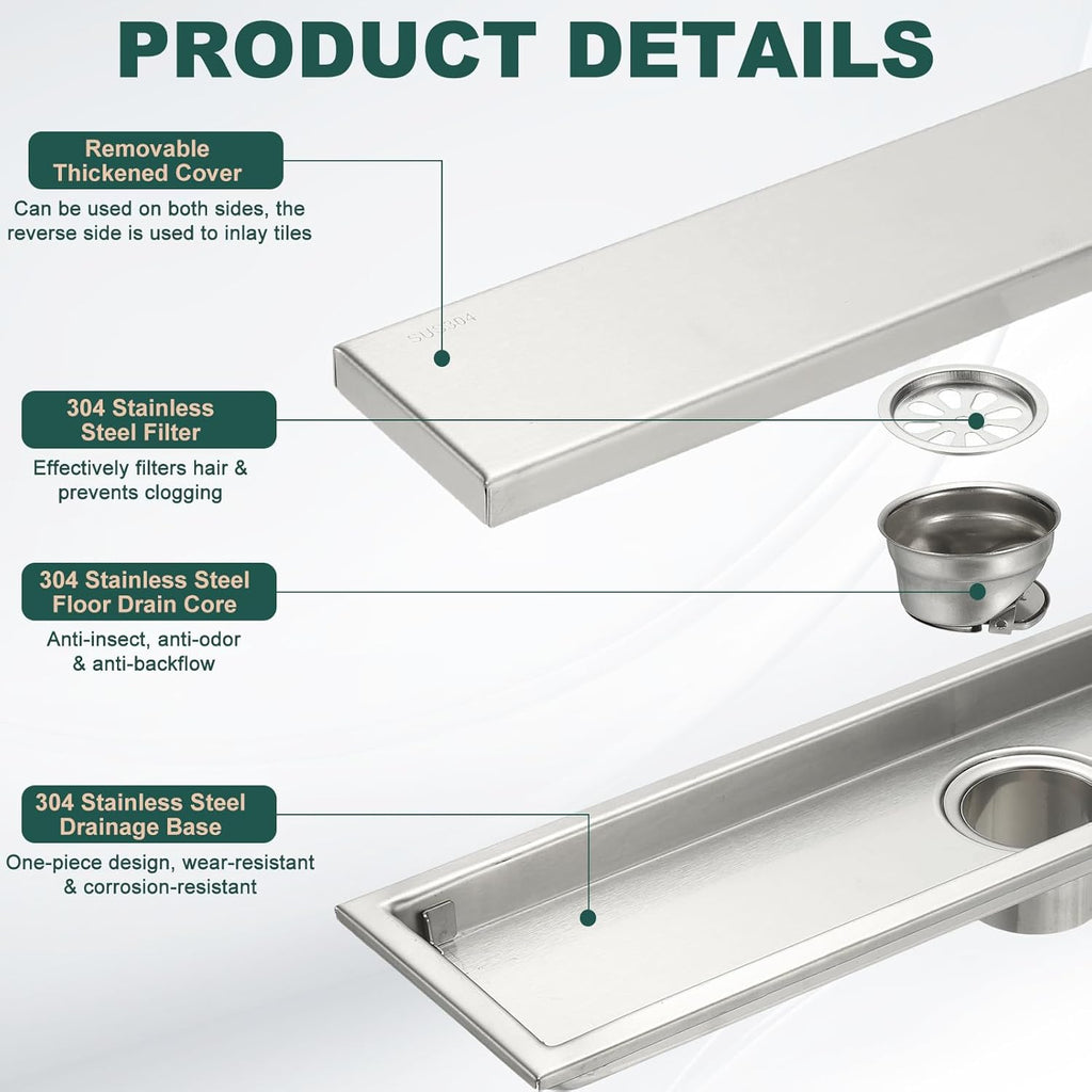 uxcell Rectangular Shower Drain, Brushed 304 Stainless Steel Odor-Proof Floor Drain Linear Shower Drain Hair Catcher for Bathroom Kitchen and Laundry Room(16 Inch, Bright Silver)