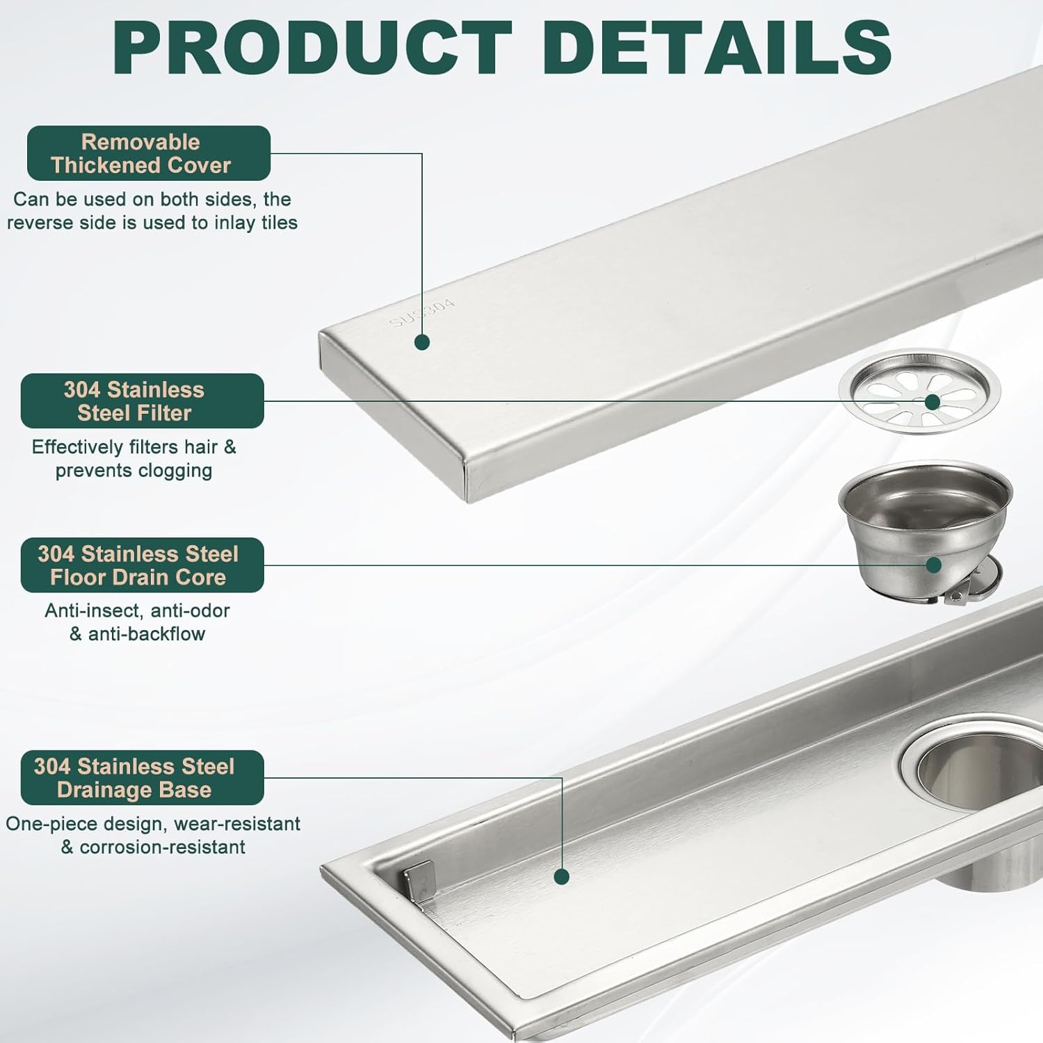 uxcell Rectangular Shower Drain, Brushed 304 Stainless Steel Odor-Proof Floor Drain Linear Shower Drain Hair Catcher for Bathroom Kitchen and Laundry Room(16 Inch, Bright Silver)