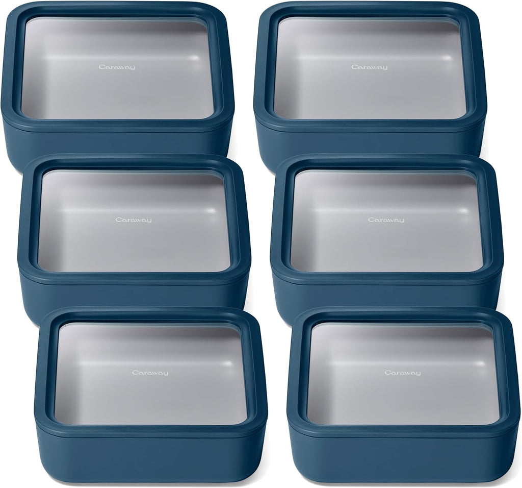 Caraway 6pc Glass Food Storage Set – 10 Cup Food Containers (6) - Ceramic Coated - Non Toxic, Non Stick with Lids - Microwave Safe - Navy