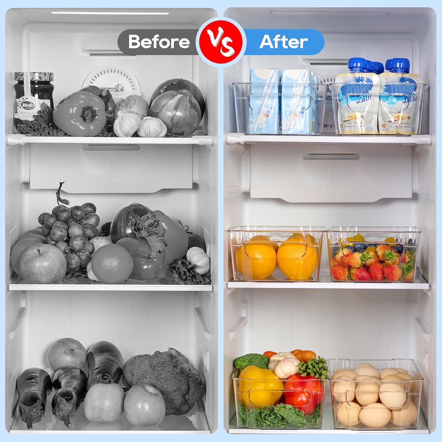 JollyPack 8 Pack Clear Plastic Storage Bins, Pantry Organizers and Storage with Handles, Clear Storage Containers for Fridge, Kitchen, Cabinet, Bathroom and Office