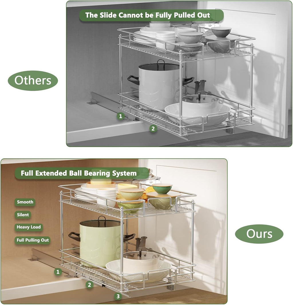 ROOMTEC Pull Out Cabinet Organizer, Kitchen Cabinet Organizer and Storage 2-Tier Cabinet Pull Out Shelves for Kitchen,Under Sink Organizers and Storage 14" W x 21" D Chrome