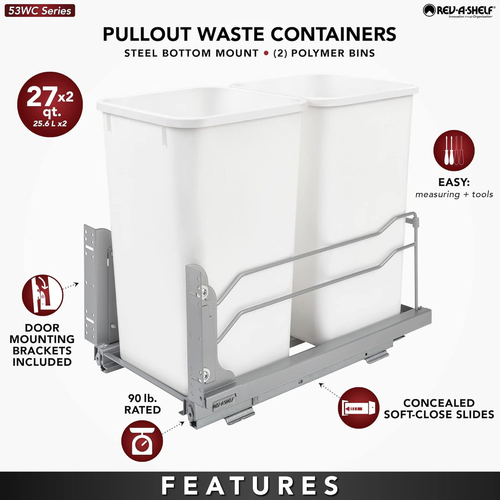 Rev-A-Shelf Double Pullout Trash Can for Base Kitchen Cabinets 27 Quart 12.5 Gallon with Soft-Close Slides, Champagne, 53WC-1527SCDM-212