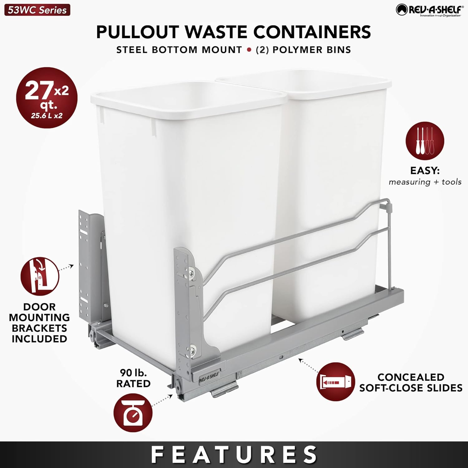 Rev-A-Shelf Double Pullout Trash Can for Base Kitchen Cabinets 27 Quart 12.5 Gallon with Soft-Close Slides, Champagne, 53WC-1527SCDM-212