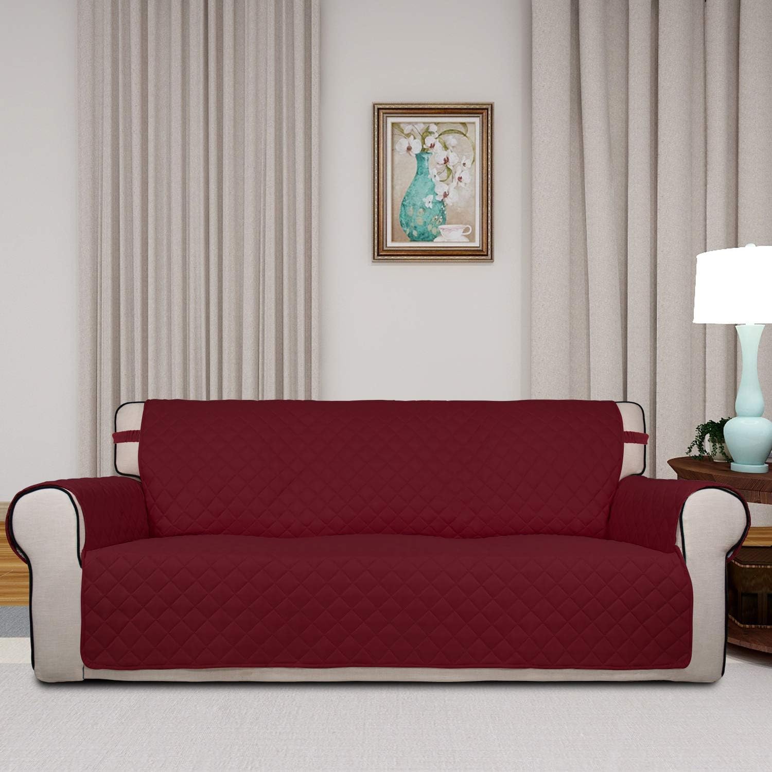 PureFit Reversible Quilted Sofa Cover, Water Resistant Slipcover Furniture Protector, Washable Couch Cover with Non Slip and Elastic Straps for Kids, Pets (Sofa, Red/Ivory)