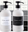 16oz Glass Soap Dispenser with Stainless Steel Pump, 21 Waterproof Labels, Non-Slip Protective Silicone Pad, Set of 2 for Bathroom & Kitchen (Matte White Bottle/Black Pump)