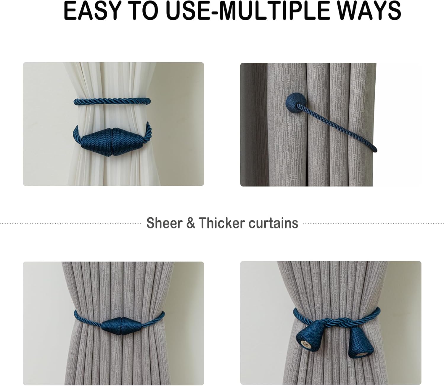 Magnetic Curtain Tiebacks 2 Pack Outdoor Rope Curtain Tie Backs Decorative Window Treatment Holdbacks for Home Decorative Curtain, Blue