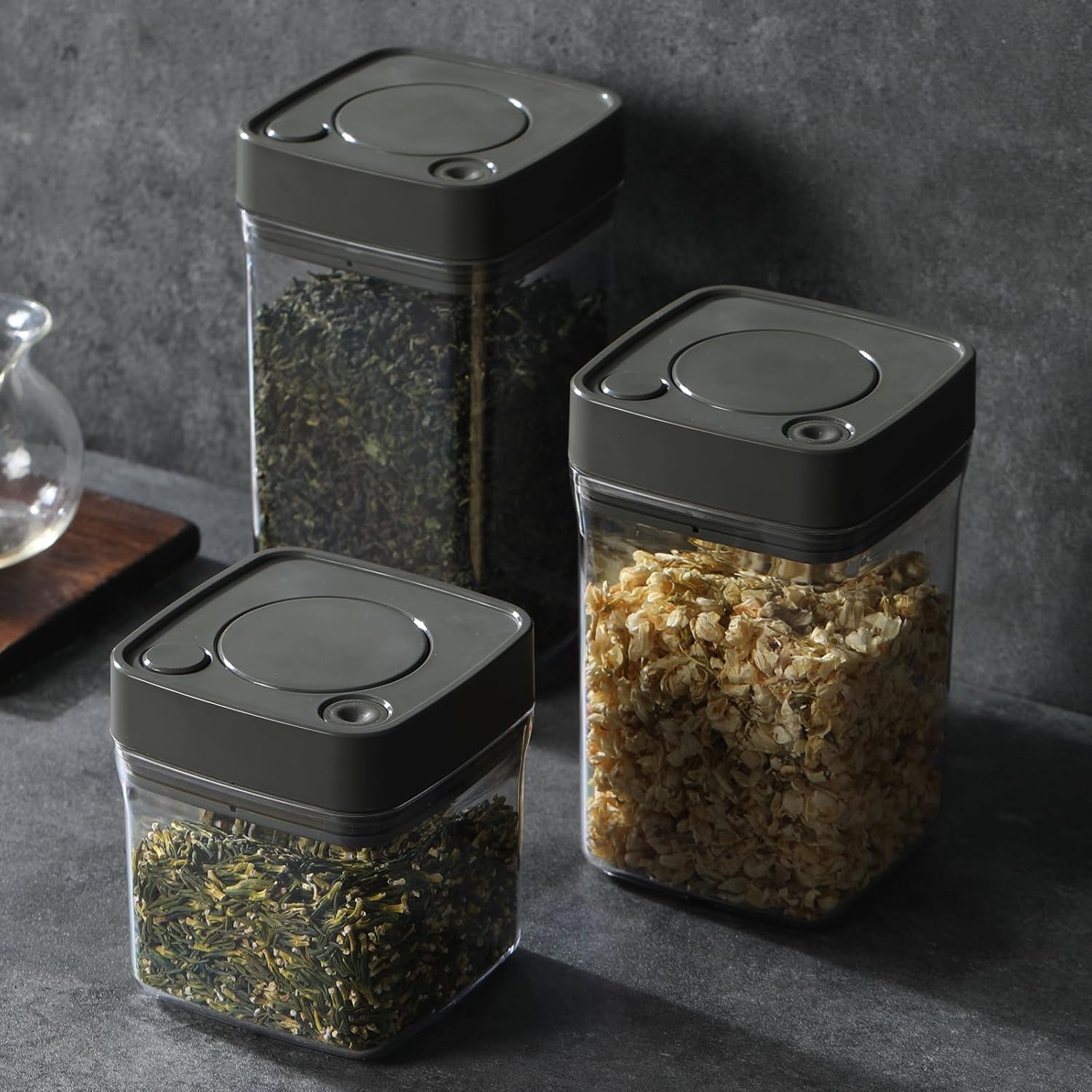 Manual Vacuum Jar With One-Button Vacuum Pump, Airtight Food Cereal Containers Storage With Lids (grey-4pc)