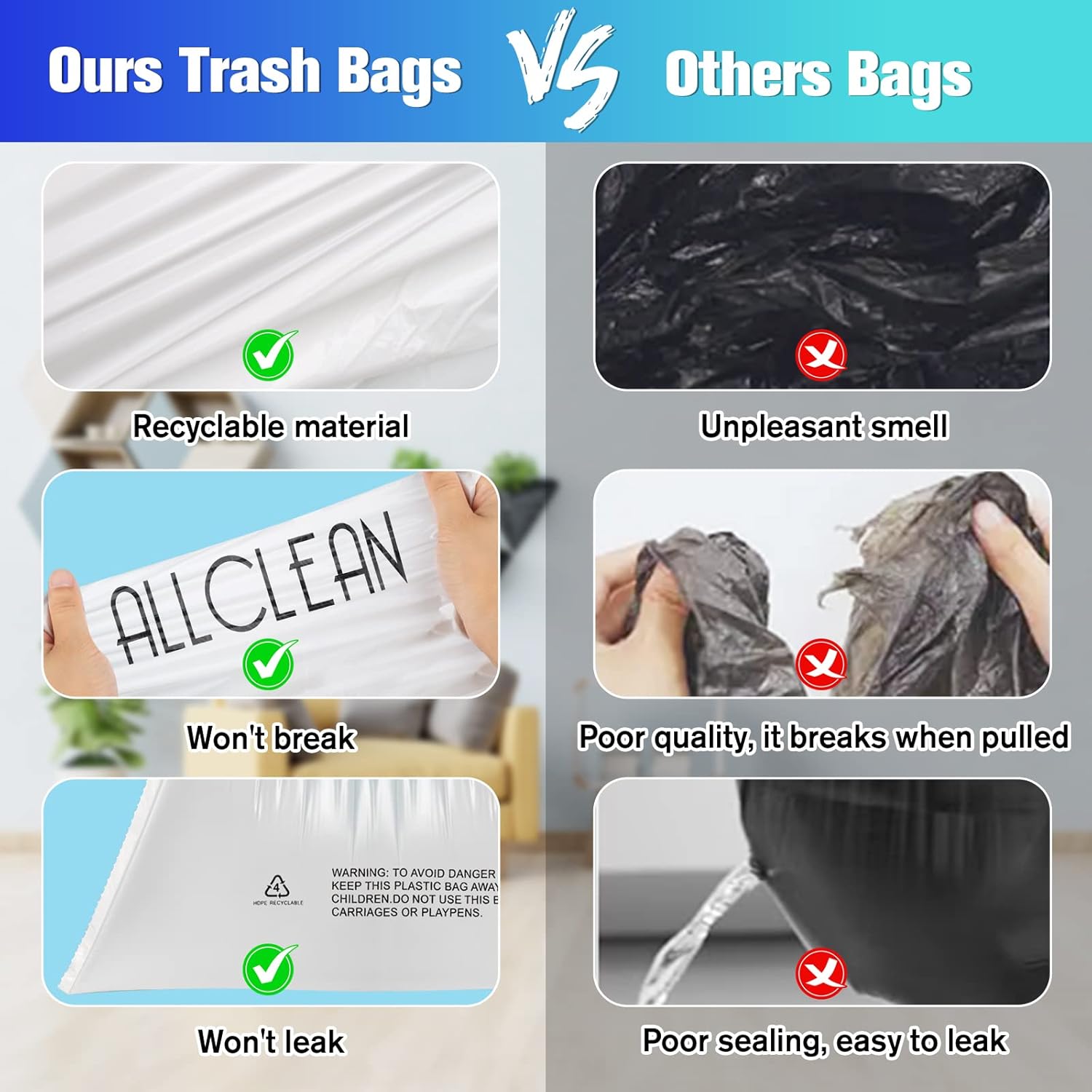 Trash Bags 10 Gallon Medium Kitchen Drawstring Bathroom Garbage Bags, Fit 8-10 Gal Bins,Extra Strong&Leak-Proof,Unscented&Recyclable Trash Can Liners for Bathroom Home Office Garden Lawn