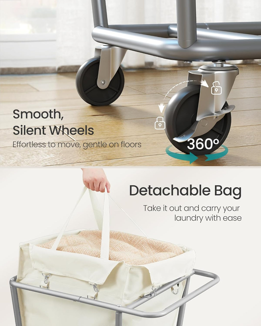 SONGMICS Laundry Basket with Wheels, 34.3 Gallons (130 L) Rolling Laundry Hamper with Removable Bag, Heavy-Duty Steel Frame with Handle, Cream White URLS008W01