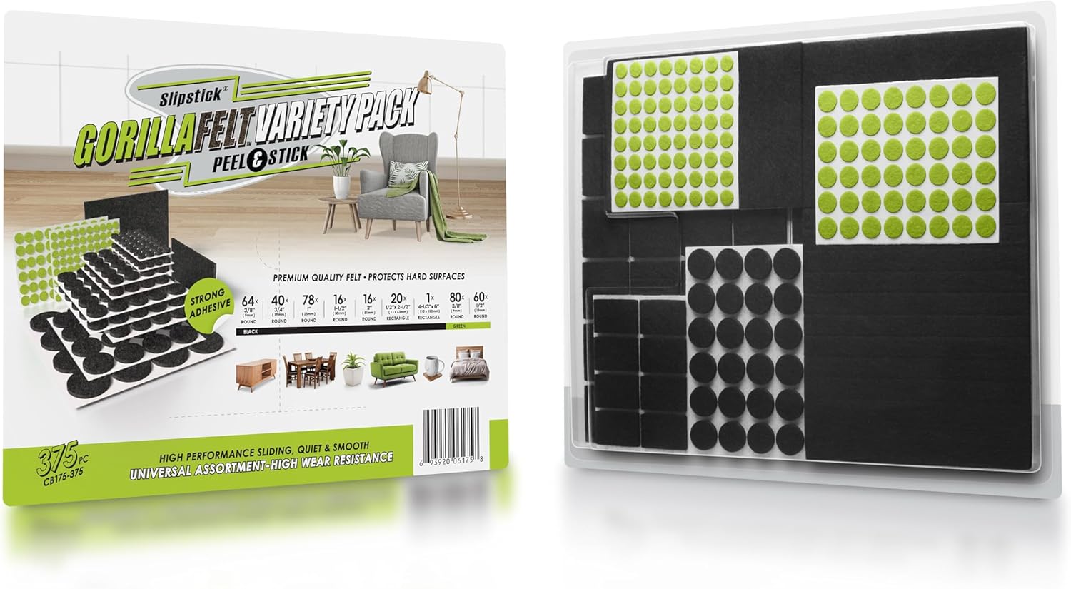 Slipstick Gorilla Felt Furniture Pads (375 Piece Variety Pack) Premium Furniture Pads & Chair Leg Floor Protectors for Hardwood Floors & Hard Surfaces