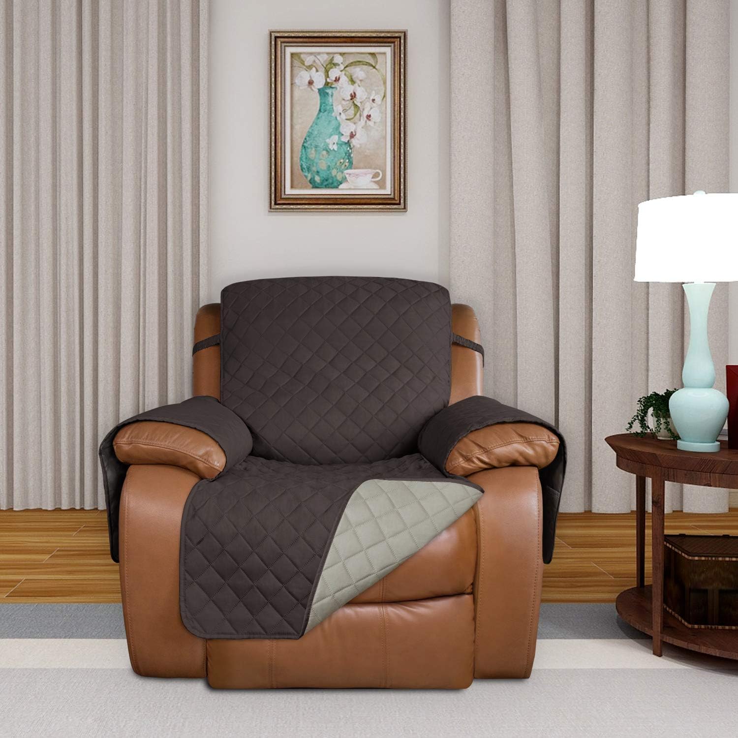 PureFit Reversible Quilted Oversized Recliner Sofa Cover, Water Resistant Furniture Protector, Washable Couch Cover with Elastic Straps for Kids, Dogs, Pets (Large, Chocolate/Beige)