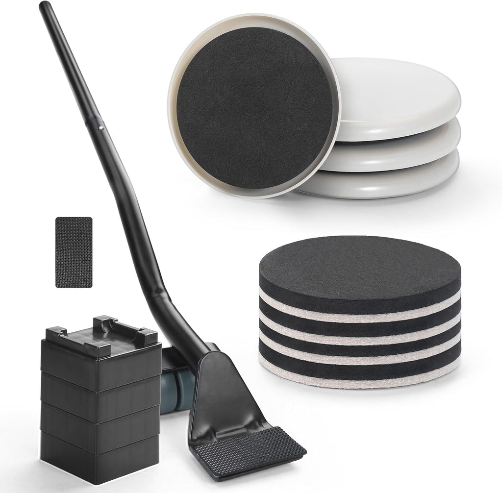 Furniture Lifter Tool + 8-Pack of 3.5" Sliders, Save 80% Effort, Safely and Easily, The Lift and Glide Tool Set for Heavy Furniture and Appliances, Reusable Moving Pads, Floor Protectors for Carpet