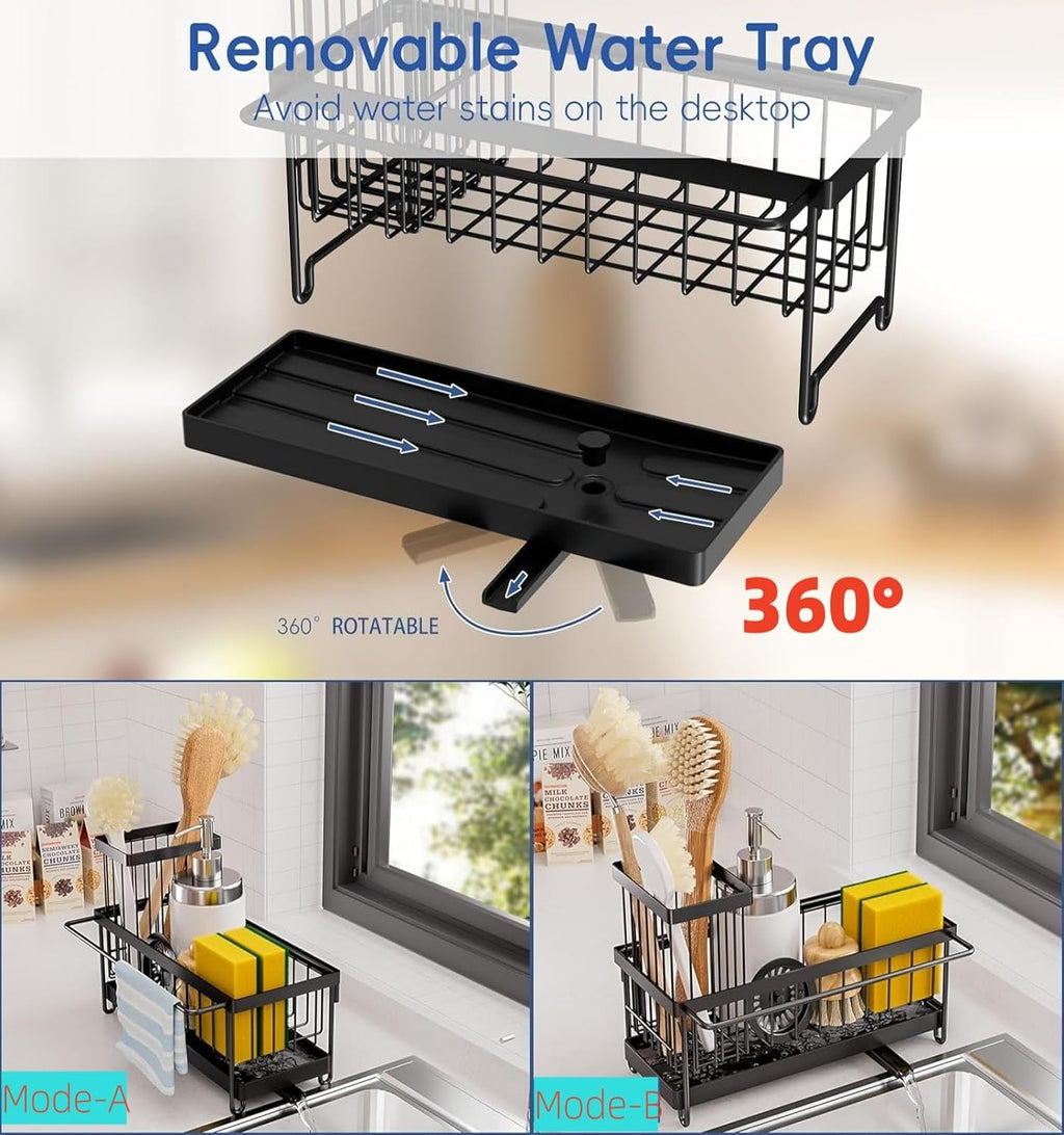 Sink Caddy Sponge Holder with Auto Draining Tray, Space-Saving Soap Dispenser Storage Kitchen Organizer Accessories (Black Holder)