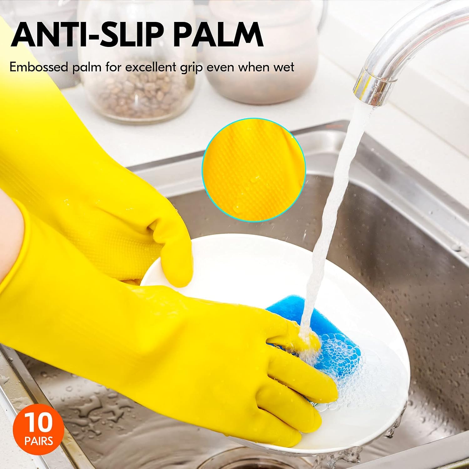 Vgo... 10-Pairs Reusable Household Gloves, Rubber Dishwashing gloves, Extra Thickness, Long Sleeves, Kitchen Cleaning, Working, Painting, Gardening, Pet Care (Size XL, Yellow, HH4601)