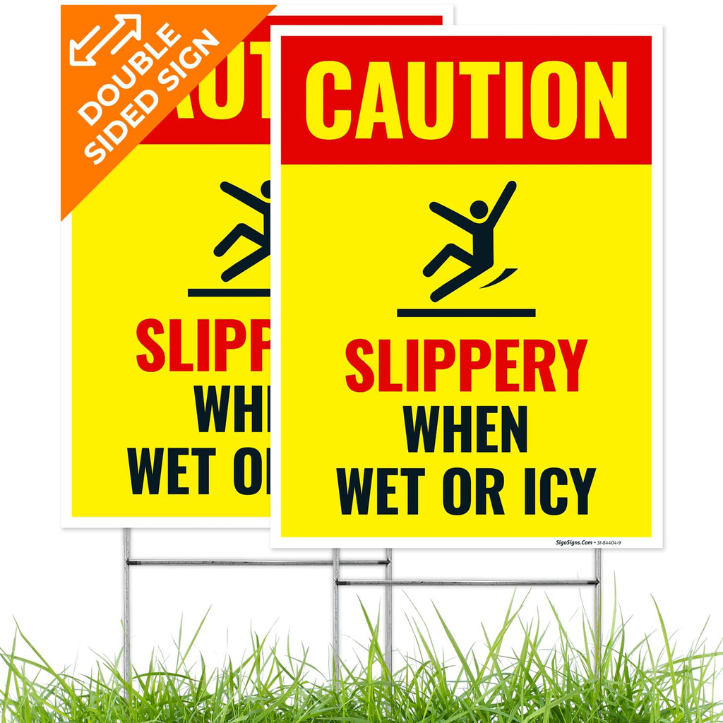 Caution Slippery When Wet or ICY Sign, (SI-84404) (2 Pack) Double Sided 9x12 Inches, Corrugated Plastic with Metal H Stake, Made in USA by Sigo Signs