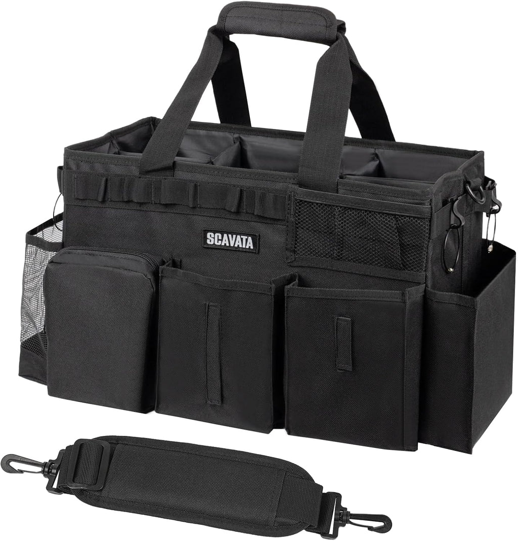 Wearable Cleaning Caddy Bag, Supplies Organizer with Handle & Shoulder Straps for Housekeepers, Under Sink & Car Cleaning Tool Organizer with 4 Foldable Dividers (Black)