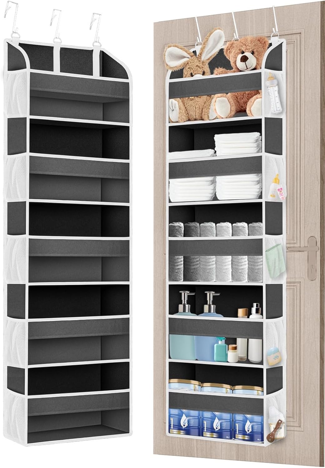1 Pack Over The Door Organizer Storage, Hanging Organizer Closet with 5 Large Pockets 10 Mesh Pockets, 44 lbs Weight Capacity, Behind Door Storage for Nursery Bedroom Bathroom (Dark Grey)