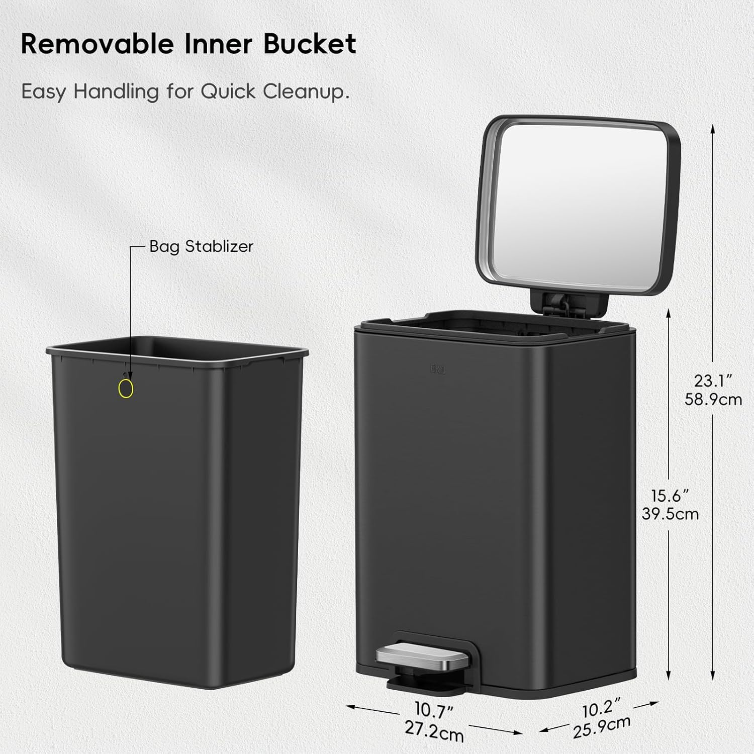 EKO Madison Matte Black 12L / 3.2 Gal Bathroom Trash Can with Lid and Removable Inner Basket, Rectangular Small Step Trash Can