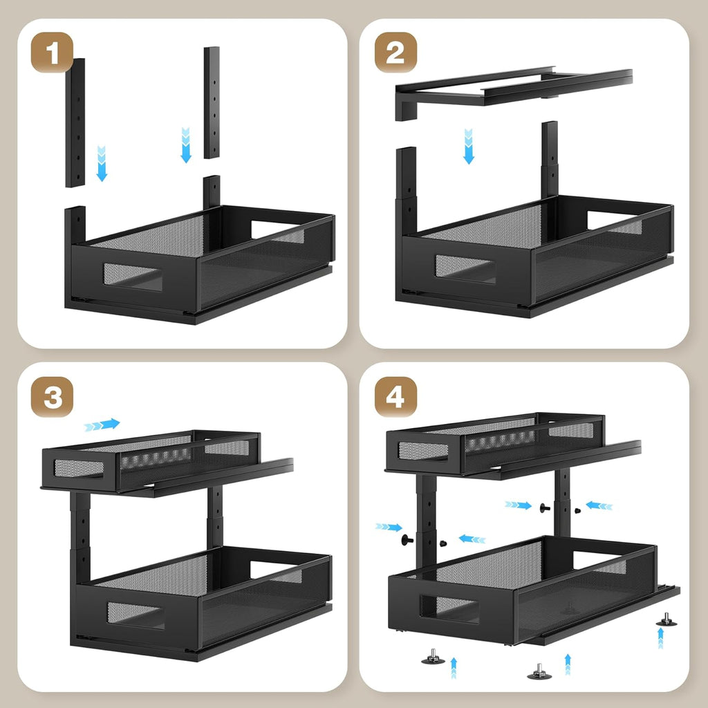 2 Pack 18.5IN-Depth Under Sink Organizer With Next-Gen Ball-Bearing Slides,2-Tier Pull Out Cabinet Storage,Height Adjustable Drawer Shelf for Bathroom,Kitchen,Laundry,Cabinet,Pantry-Black
