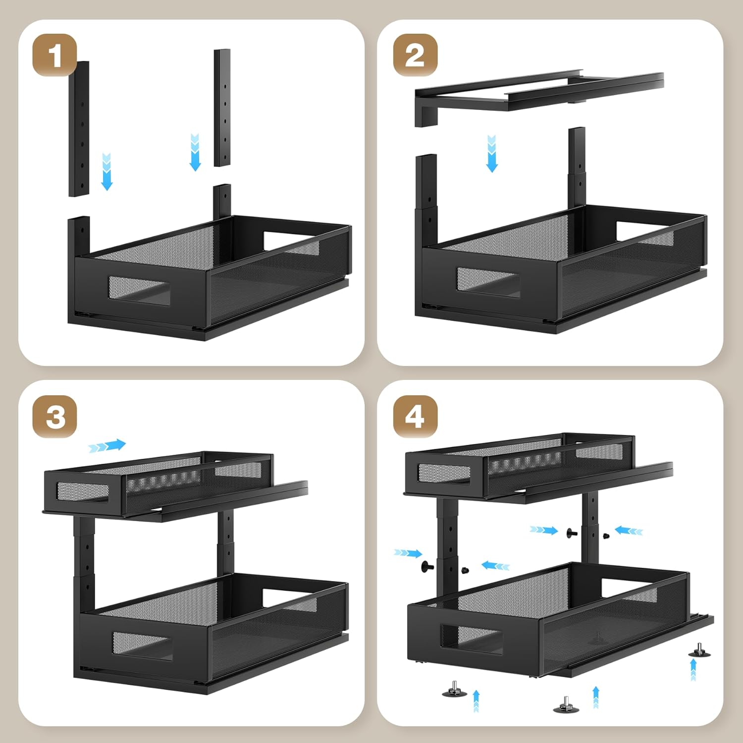 2 Pack 18.5IN-Depth Under Sink Organizer With Next-Gen Ball-Bearing Slides,2-Tier Pull Out Cabinet Storage,Height Adjustable Drawer Shelf for Bathroom,Kitchen,Laundry,Cabinet,Pantry-Black
