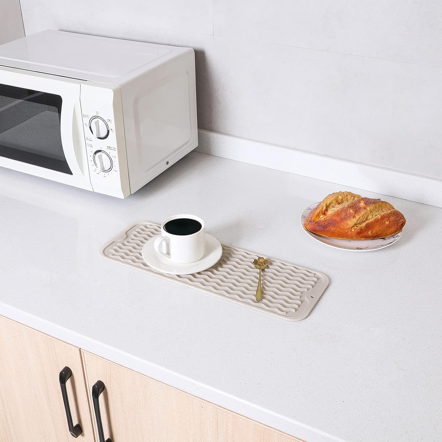 Silicone Dish Drying Mat for Multiple Usage,Easy clean,Eco-friendly,Heat-resistant Silicone Mat for Kitchen Counter,Sink,Bar,Bottle,or Cup Tapioca M 17 inches x 6 inches