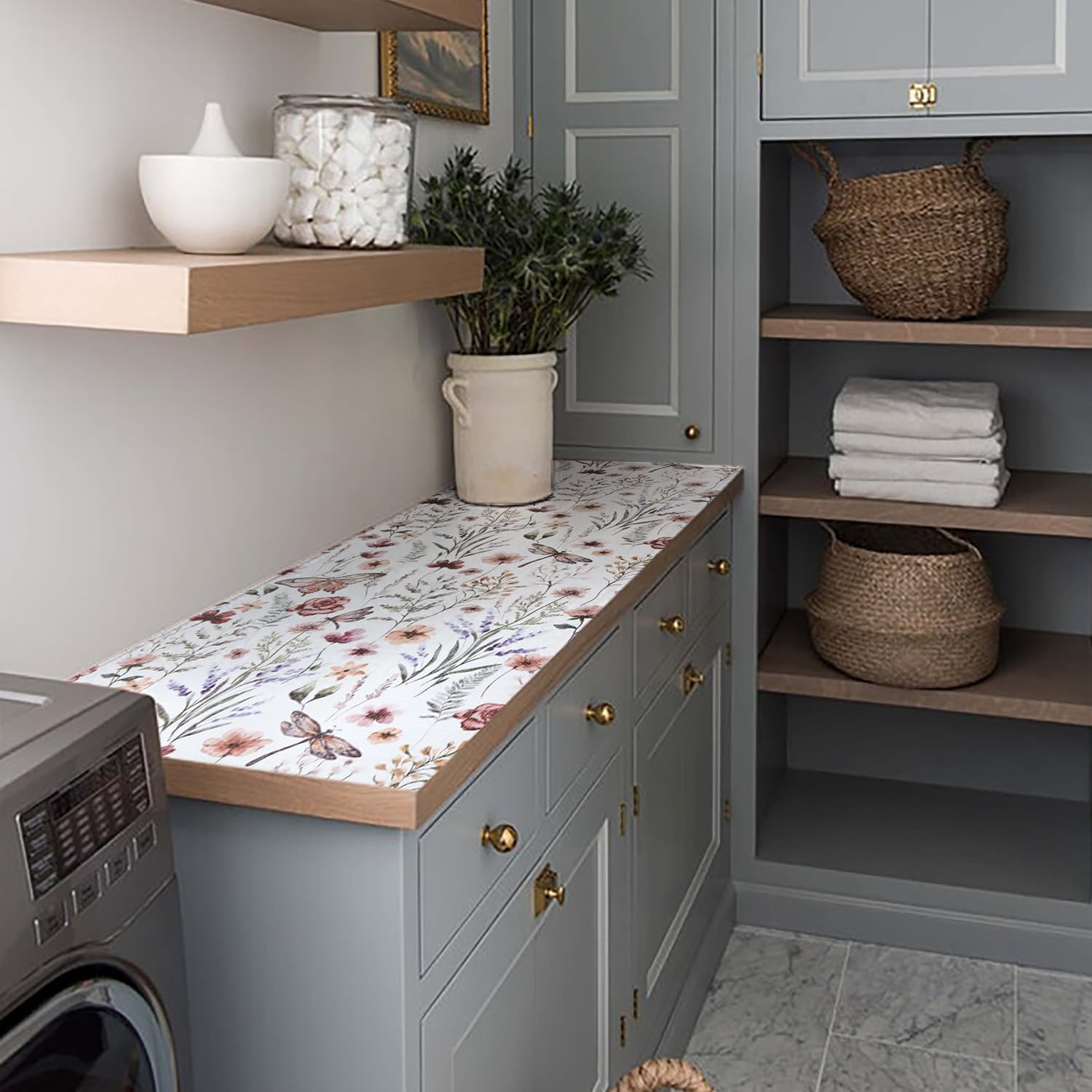 Floral Drawer and Shelf Liner for Kitchen Cabinets,16IN x 20FT Non-Adhesive and Strong Non-Slip Cabinet Drawer Liners for Kitchen Shelf, Waterproof Cupboard Liners,Easy to Clean