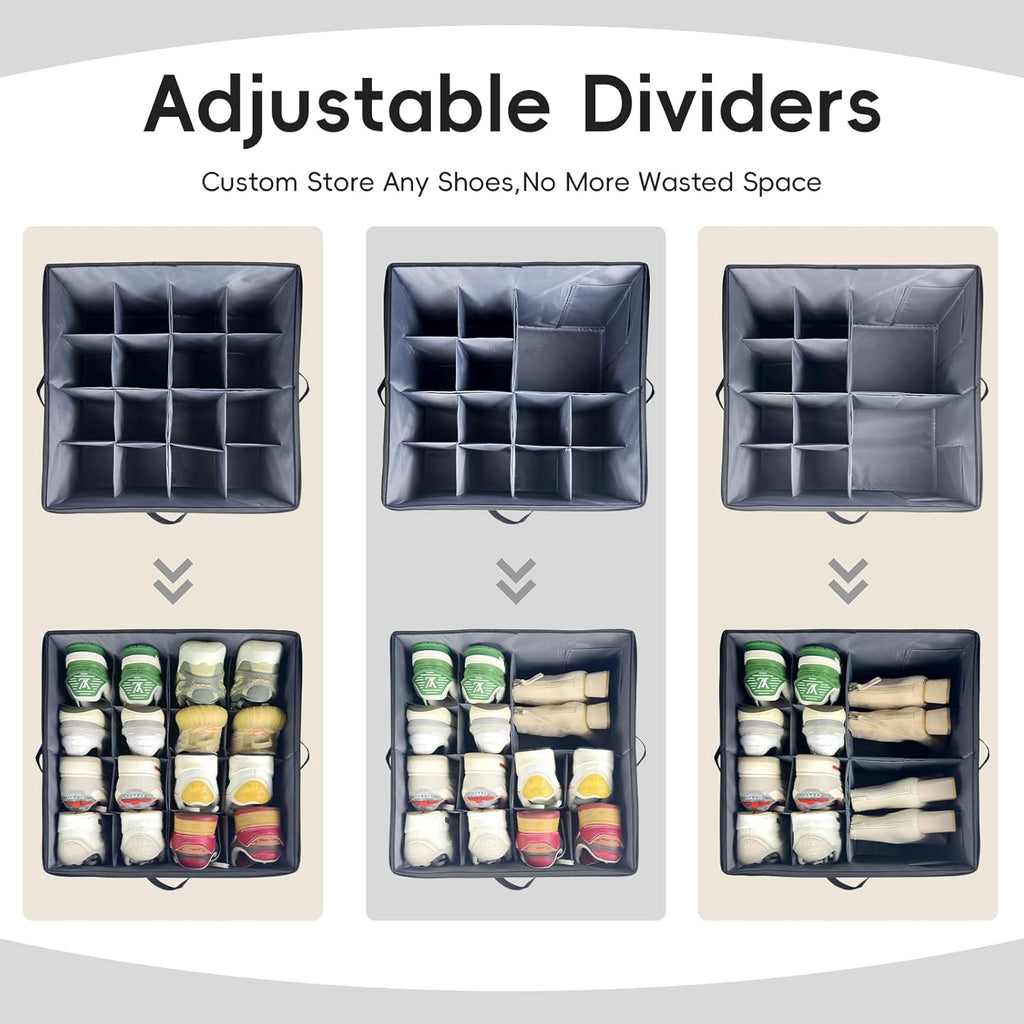 Shoe Organizer Box 2 Pack, Shoe Storage Organizer with Clear Cover, Adjustable Dividers Fits 16-32 Pairs, Fabric Shoe Organizer for Closet, Grey