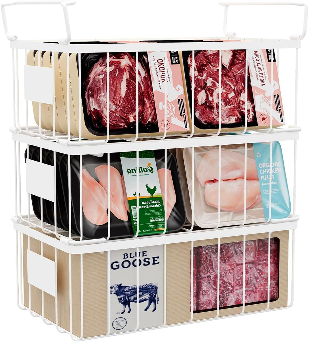 Freezer Storage Organize Baskets - 3 Pack Stackable Deep Freezer Organizer Bins for Most 7 Cu.FT Chest Freezer with Handles, Sturdy but Light, Metal Coated, Add Space, Easy to Reach