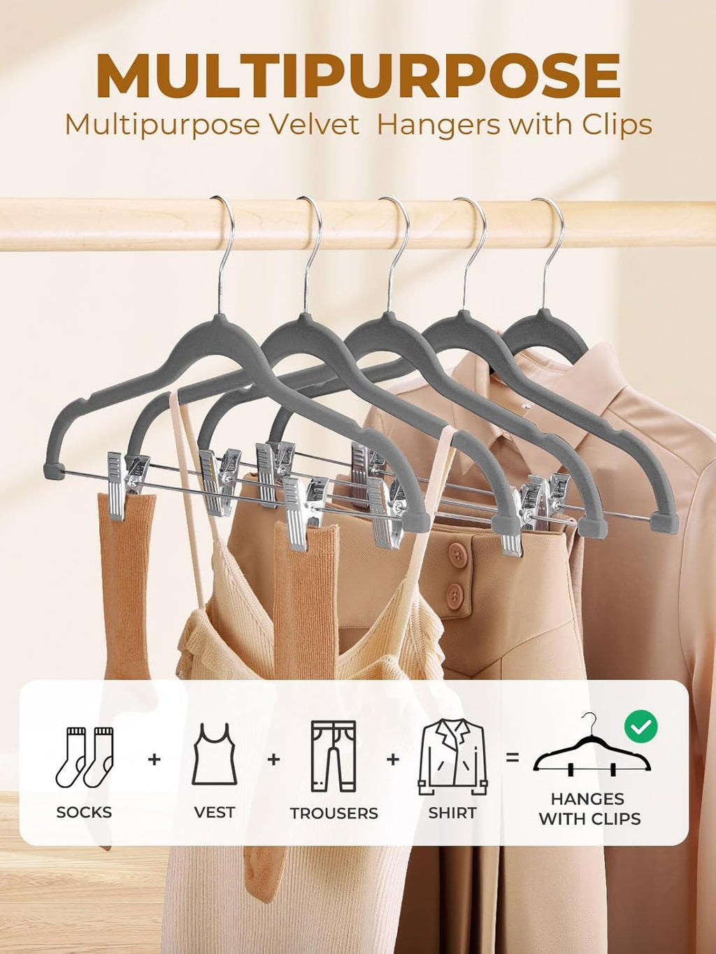 HOUSE DAY Velvet Skirt Hangers 36 Pack, Gray Velvet Hangers with Adjustable Clips, Space Saving Slim Velvet Pant Hangers, Heavy Duty Shorts Hangers, Non Slip Clip Hangers for Pants, Skirts, Shorts
