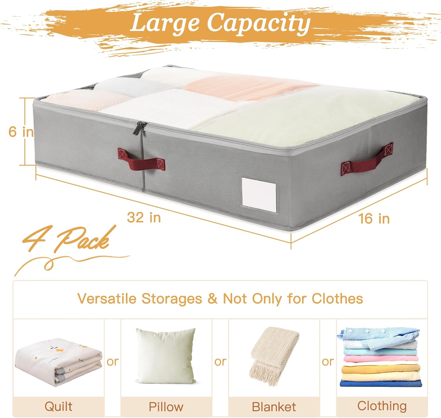 Criusia Under Bed Storage Bins with Clear PVC Lids – 4 Pack Large Underbed Organizers with Heavy-Duty Handles, Reinforced with 800G PP Panels & 80G Non-Woven Fabric – Waterproof & Foldable, Gery