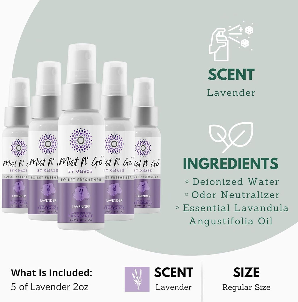 Mist N’ Go by Omaze Travel Bathroom Spray for Toilet Spray Odor Eliminator - Travel Toilet Spray for Bathroom Air Freshener Spray for Bathroom Deodorizer - Lavender Regular Size (2oz x5)