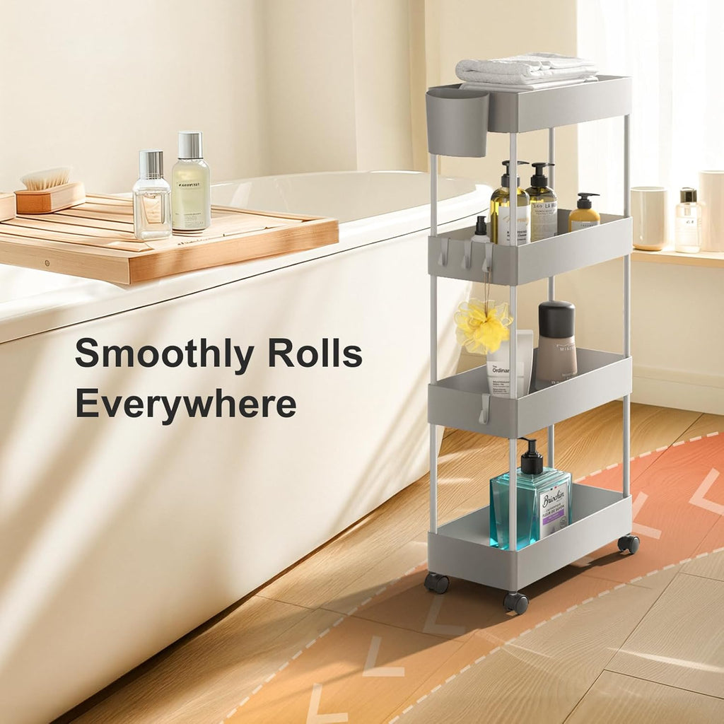 Pipishell Slim Storage Cart with Wheels, 4 Tier Bathroom Storage Organizer Rolling Utility Cart for Bathroom Kitchen Laundry Room Office Narrow Place (Gray)