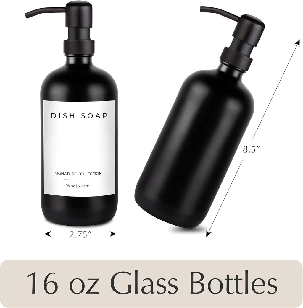Emerson Essentials Soap Dispenser Set, Dish Soap for Kitchen, Bathroom Set - Hands and Dishes for Home, Farmhouse, Glass Soap Dispenser with Pump and Labels | 16 Oz, 2 Pack