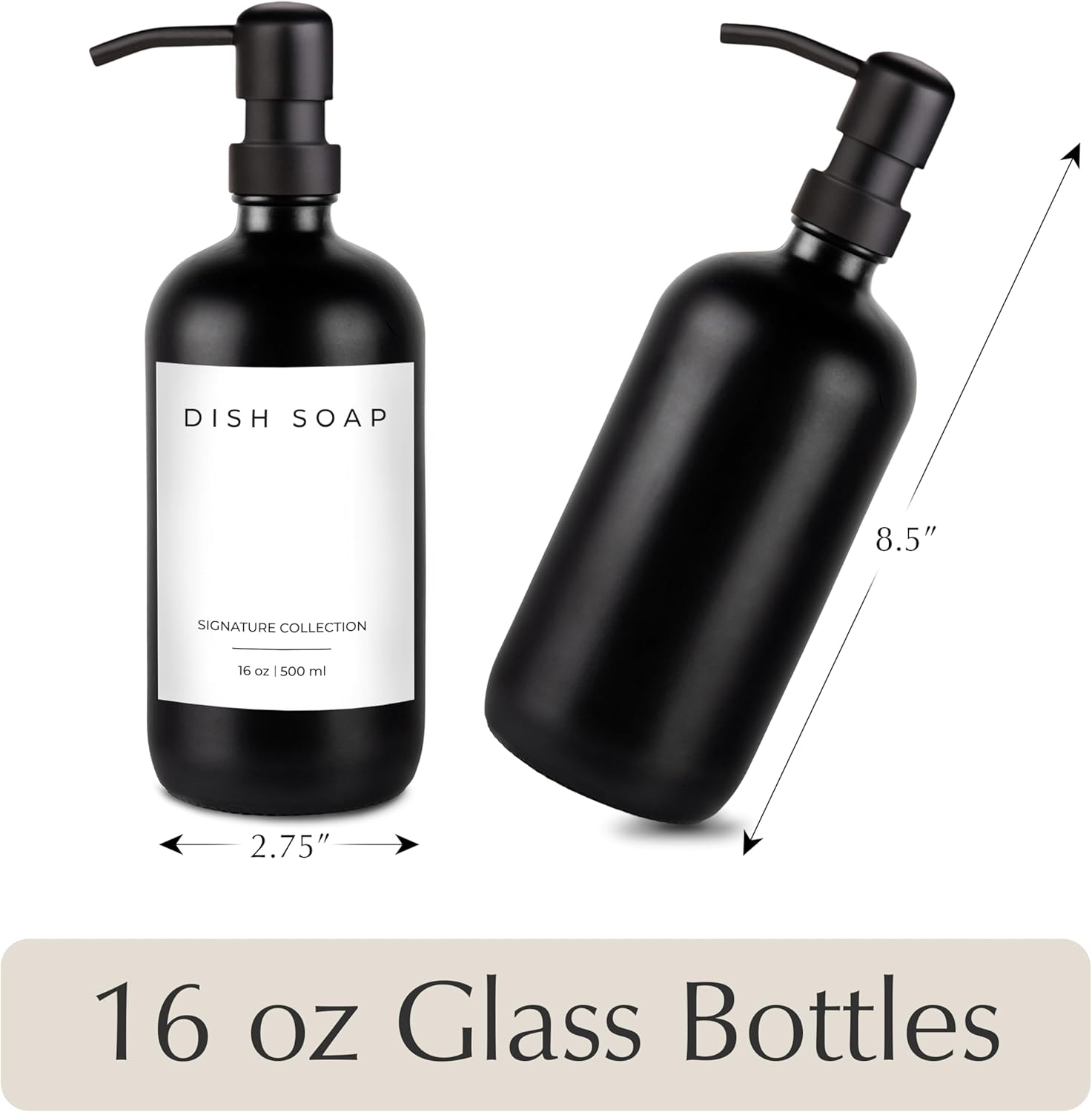 Emerson Essentials Soap Dispenser Set, Dish Soap for Kitchen, Bathroom Set - Hands and Dishes for Home, Farmhouse, Glass Soap Dispenser with Pump and Labels | 16 Oz, 2 Pack