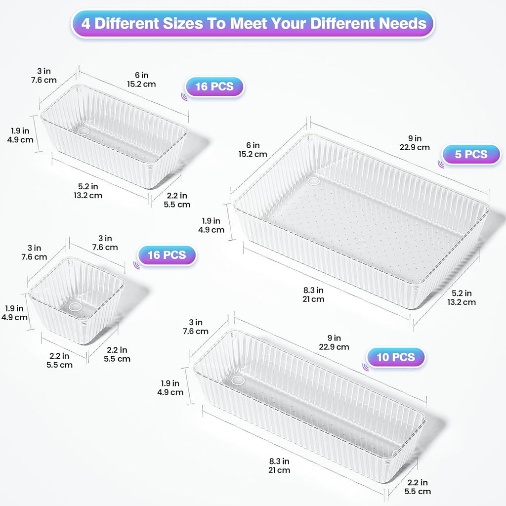 47 PCS Clear Plastic Drawer Organizer Set - 4 Sizes Makeup Organizer Desk Drawer Divider Bathroom Organizers and Storage Bins for Makeup, Jewelry, Gadgets, Office, Kitchen, Bedroom, Bathroom