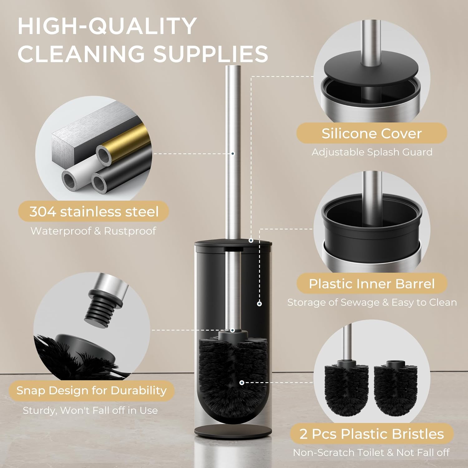 FORIOUS Toilet Brush and Holder Set Brushed Nickel, 304 Stainless Steel Long Handle and Heavy Duty Base for Bathroom Deep Cleaning, Drip-Proof, Space Saving for Storage, 2 Toilet Bowl Brush Head
