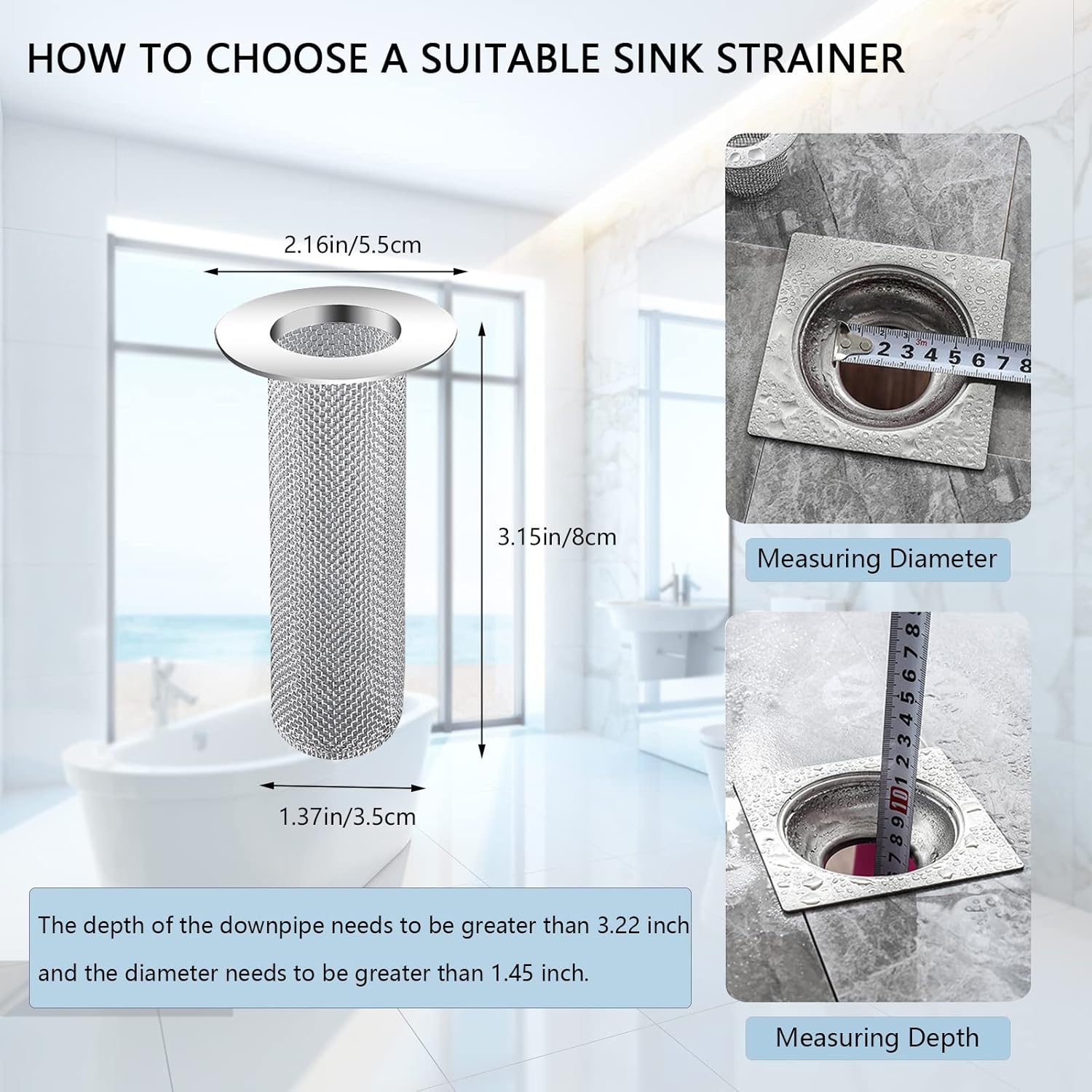 Resdenio Bathroom Sink Drain Strainer Stainless Steel, 2 Pack Floor Drain Filter Mesh Basket Filter Hair Trap Anti-Clog Slag Strainer - Large Wide Rim 2.16" Diameter