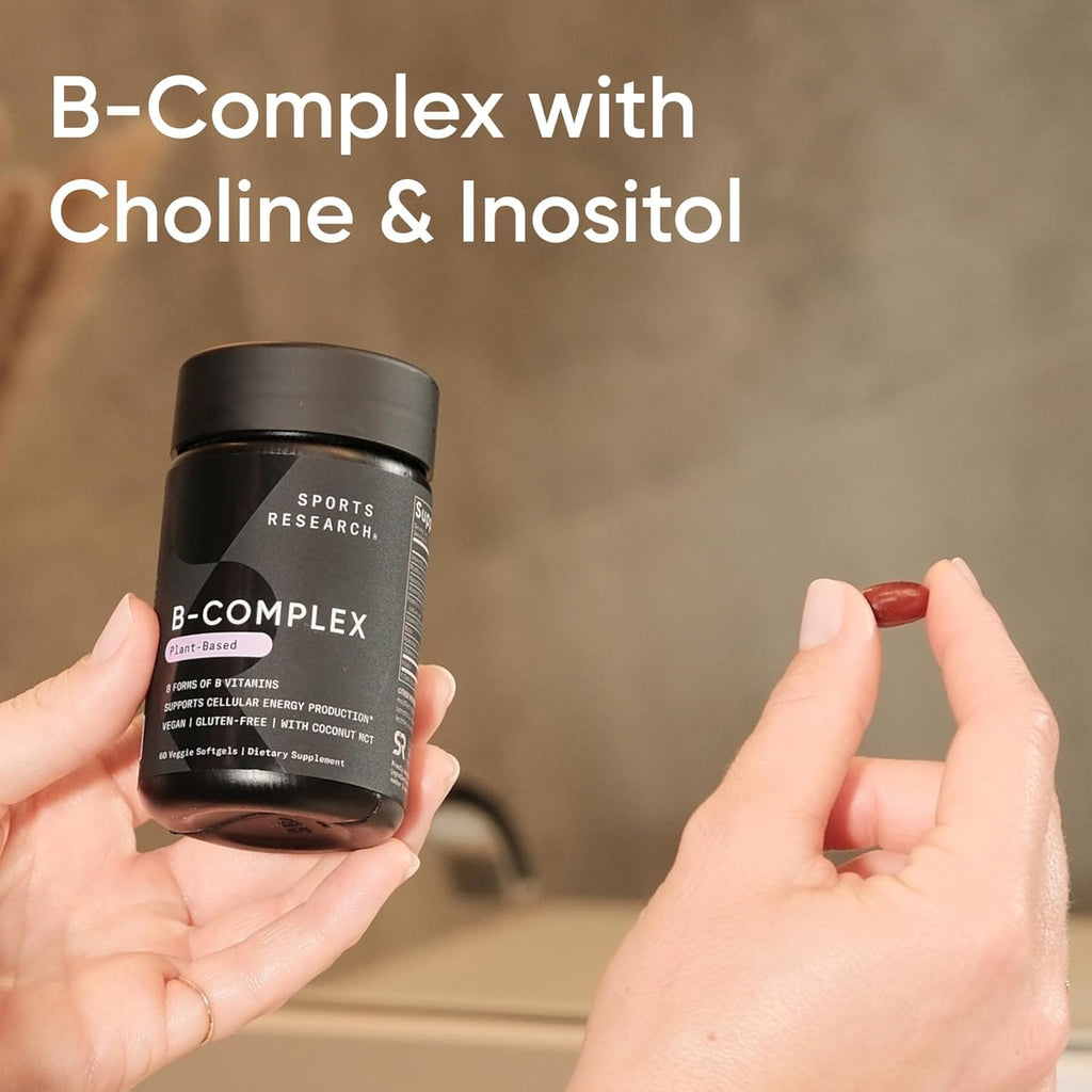 Sports Research® Vitamin B-Complex - Full Spectrum of B Vitamins with Methylated B12 & Folate - Gluten Free · Plant-Based · Non-GMO · Vegan-Friendly Formula - 60 Veggie Softgels