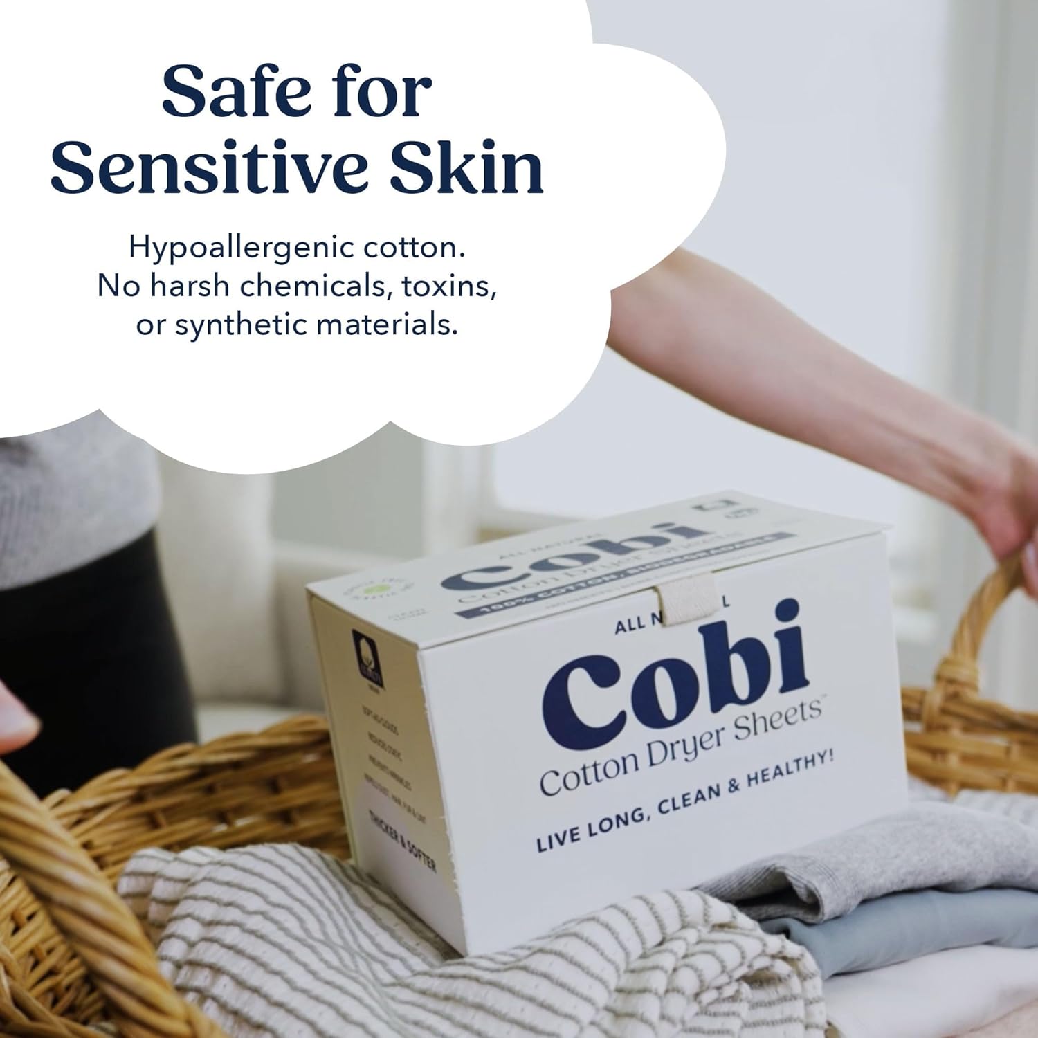 Cobi Eco-Friendly Dryer Sheets - 100% Cotton Biodegradable Non-Toxic & Unscented for Sensitive Skin, Clean Plant-Based Static Control, 120 Count