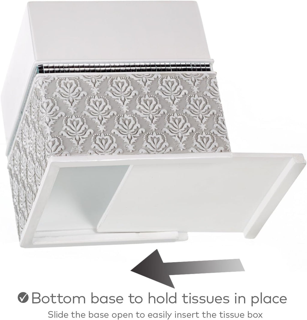 Creative Scents Mirror Damask Square Tissue Box Cover - Decorative Bathroom Tissues Paper Holder, Modern Napkins Container, Bottom Slider, for Cute Elegant Bathroom Decor (White & Gray)