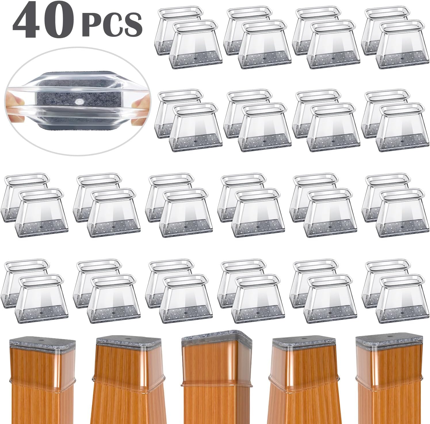 BUMACO Chair Leg Floor Protectors Rectangle Chair Leg Protectors for Hardwood Floors Silicone Pads Covers to Protect Floors(Clear-40 Pcs, Rectangle XL Fit (Perimeter: 6"~8")