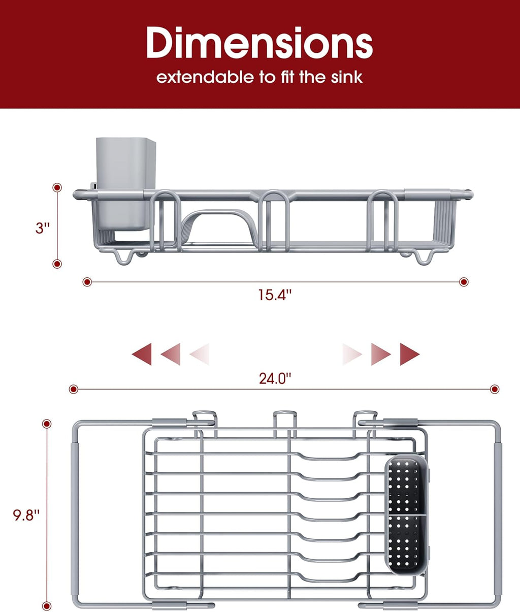 Dish Drying Rack in Sink - Expandable Stainless Steel Dish Rack Over The Sink, Kitchen Sink Drain Strainer with Cutlery Holder & Cup Holders, 15.4 x 9.8 x 3.0 Inch, Silver