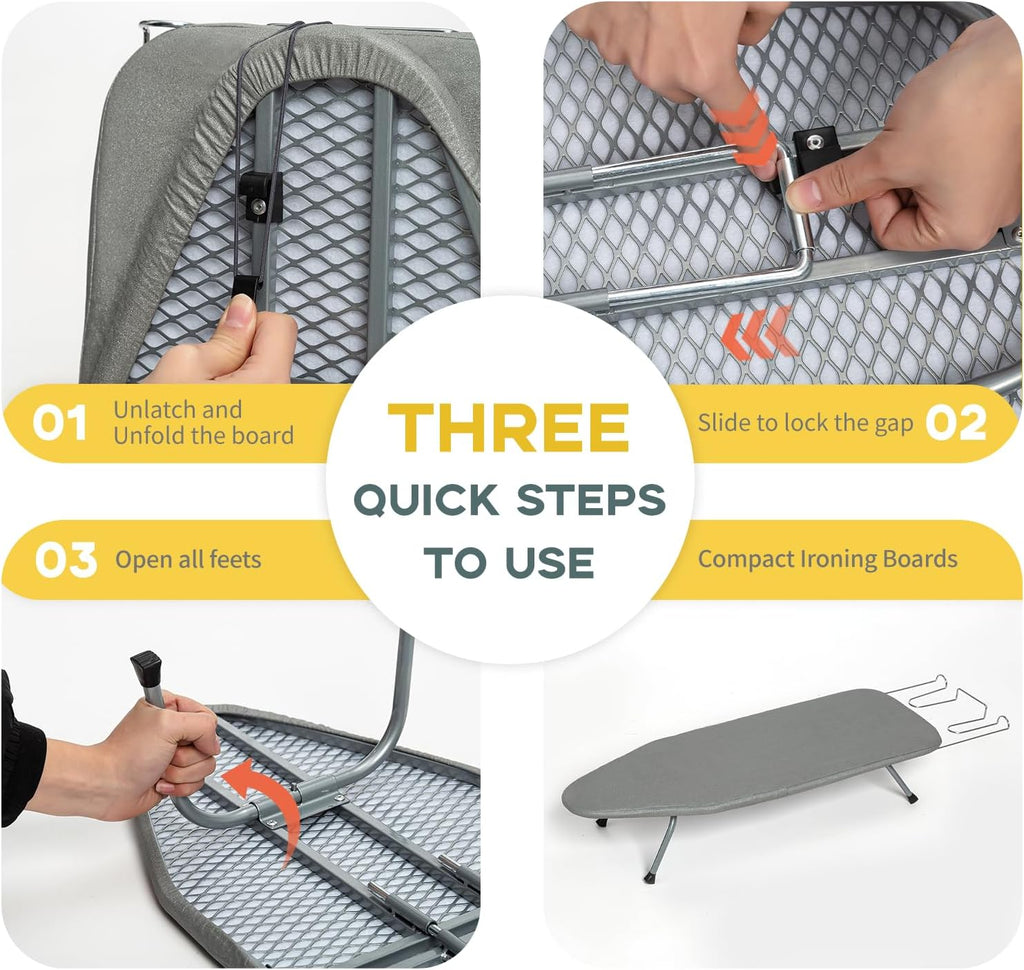 Metal Foldable Tabletop Ironing Board with Iron Rest, Portable Ironing Board Small with Heat Resistant Cotton Cover, RAINHOL Mini Iron Board for Small Space and Travel, 31"x12", Gray